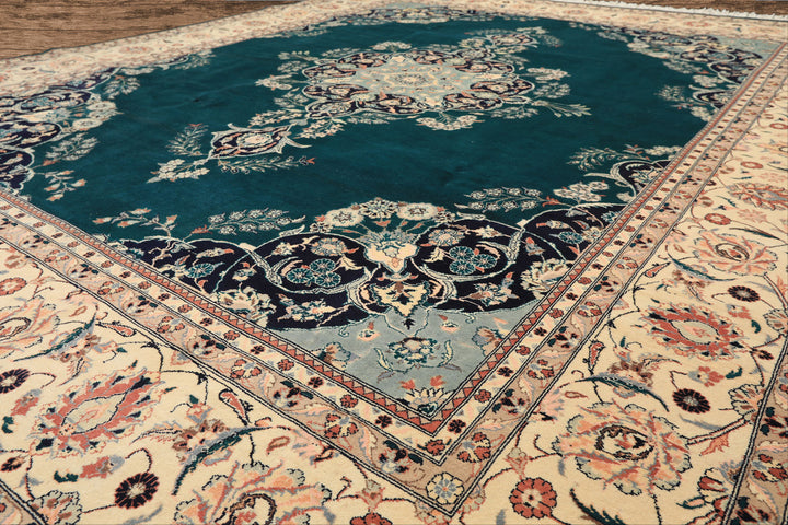 8x10 Teal, Ivory, Navy Color Hand Knotted Pak Persian New Zealand Wool Traditional Oriental Rug