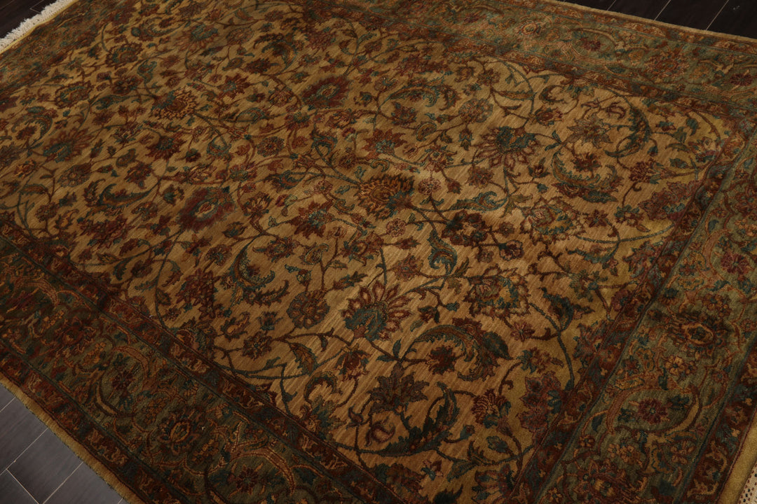 6x9 Gold, Burnt Orange, Sage Color Hand Knotted Agra Wool Botanical Oriental Rug