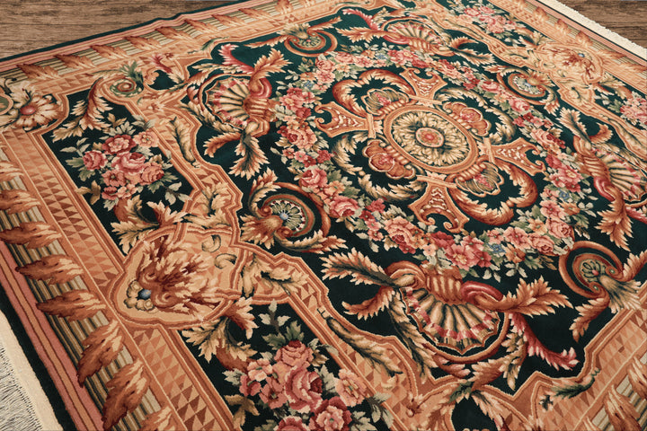8x10 Emerald, Tan, Brown Color Hand Knotted French Aubusson Savonerrie Wool Traditional Oriental Rug