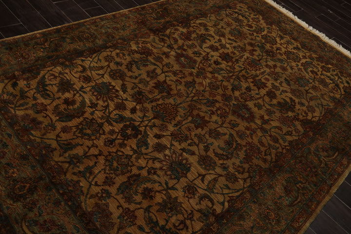 6x9 Gold, Burnt Orange, Sage Color Hand Knotted Agra Wool Botanical Oriental Rug