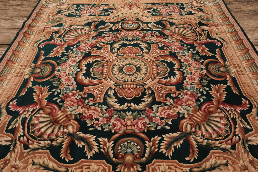 8x10 Emerald, Tan, Brown Color Hand Knotted French Aubusson Savonerrie Wool Traditional Oriental Rug