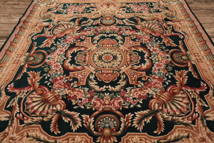 8x10 Emerald, Tan, Brown Color Hand Knotted French Aubusson Savonerrie Wool Traditional Oriental Rug