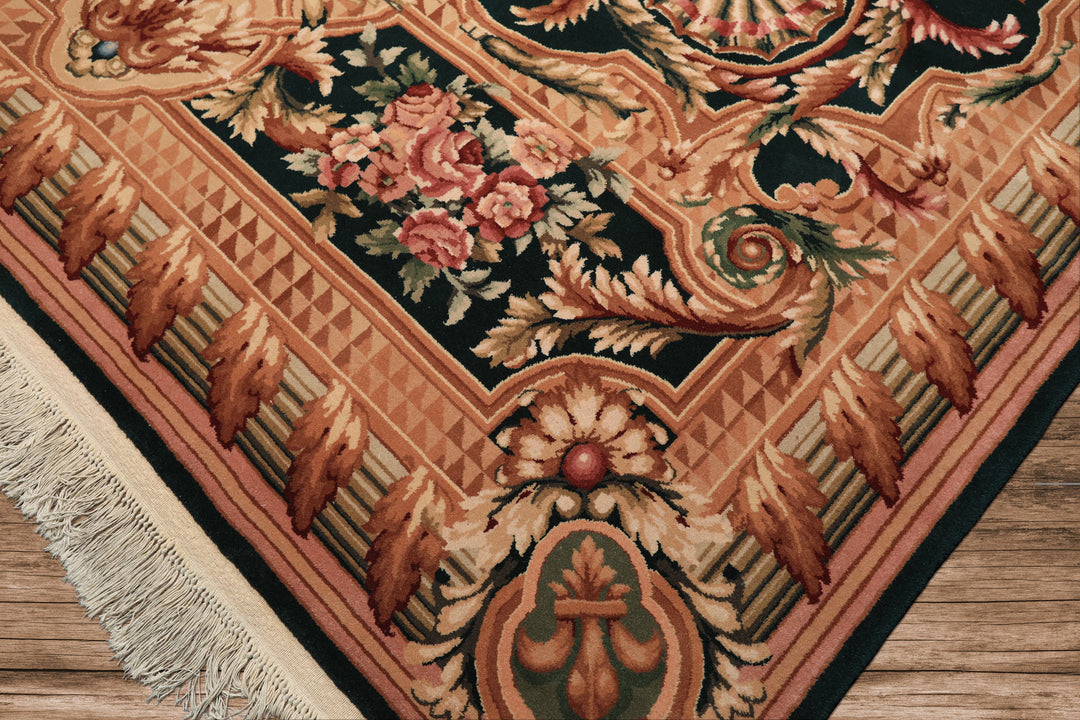 8x10 Emerald, Tan, Brown Color Hand Knotted French Aubusson Savonerrie Wool Traditional Oriental Rug