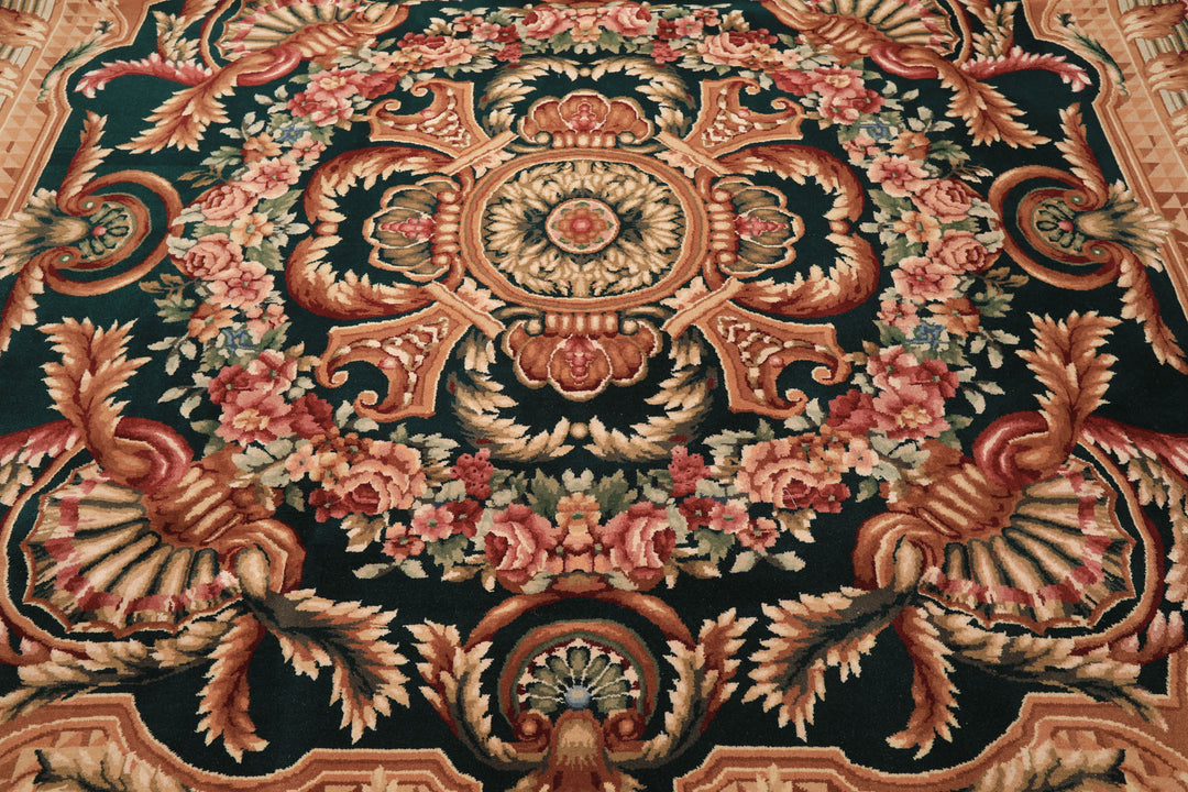 8x10 Emerald, Tan, Brown Color Hand Knotted French Aubusson Savonerrie Wool Traditional Oriental Rug