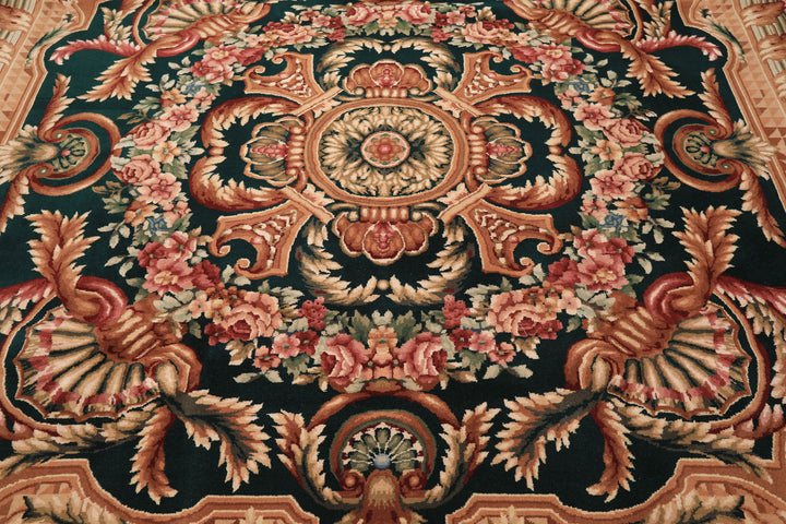 8x10 Emerald, Tan, Brown Color Hand Knotted French Aubusson Savonerrie Wool Traditional Oriental Rug