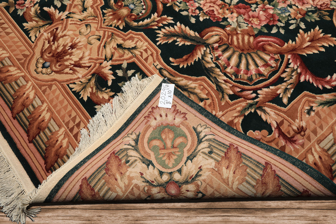 8x10 Emerald, Tan, Brown Color Hand Knotted French Aubusson Savonerrie Wool Traditional Oriental Rug