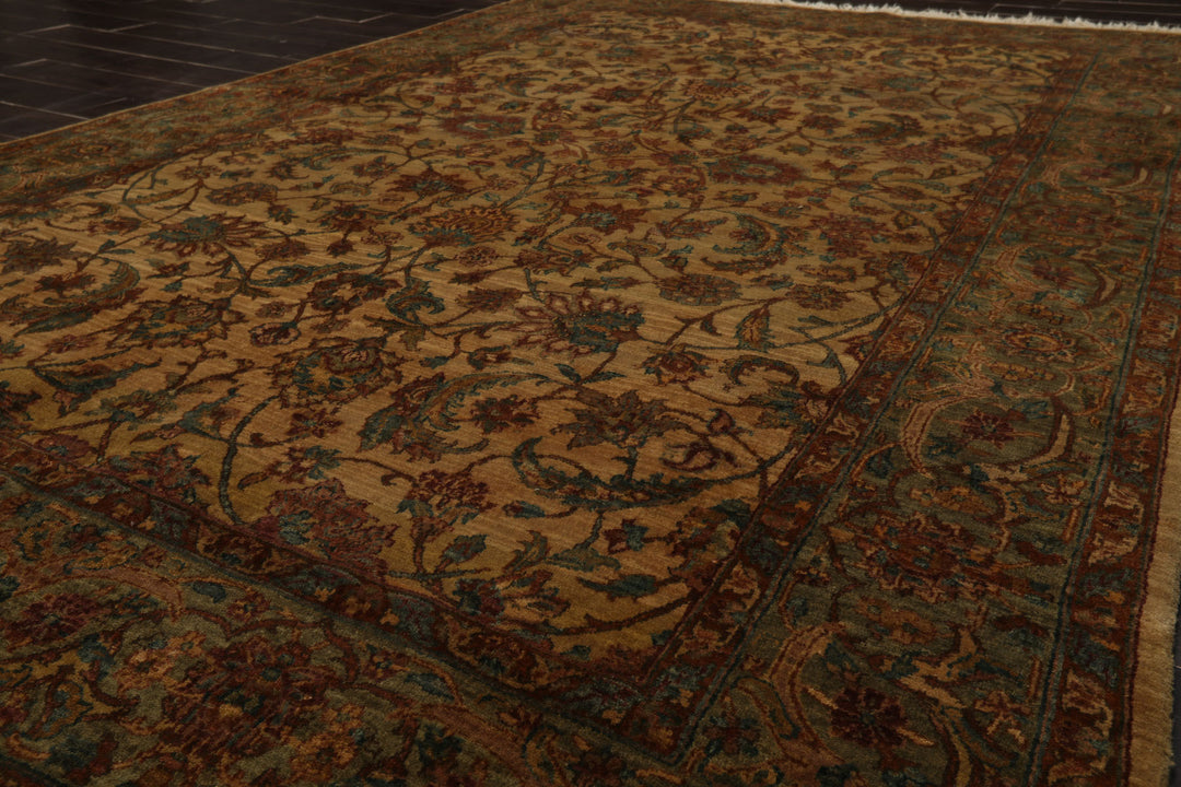 6x9 Gold, Burnt Orange, Sage Color Hand Knotted Agra Wool Botanical Oriental Rug