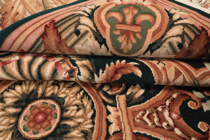 8x10 Emerald, Tan, Brown Color Hand Knotted French Aubusson Savonerrie Wool Traditional Oriental Rug