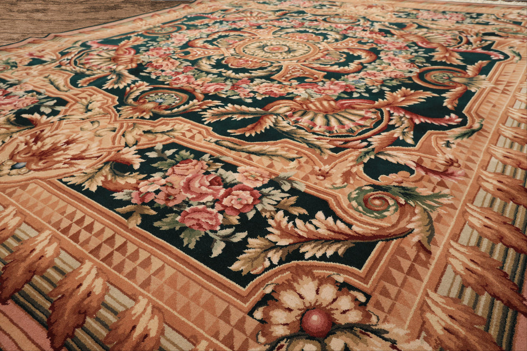 8x10 Emerald, Tan, Brown Color Hand Knotted French Aubusson Savonerrie Wool Traditional Oriental Rug