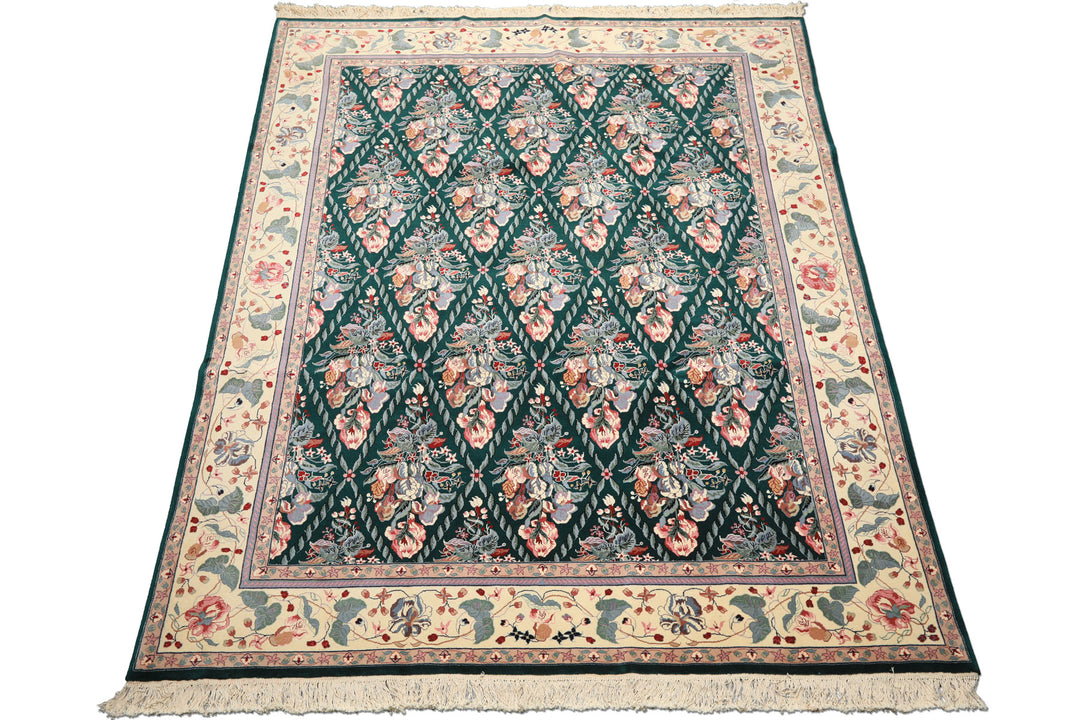 7x8 Emerald, Ivory, Pink Color Hand Knotted Pak Persian New Zealand Wool Traditional Oriental Rug