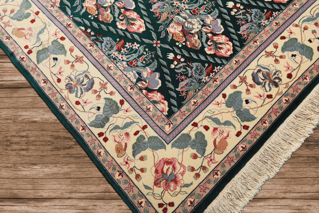 7x8 Emerald, Ivory, Pink Color Hand Knotted Pak Persian New Zealand Wool Traditional Oriental Rug