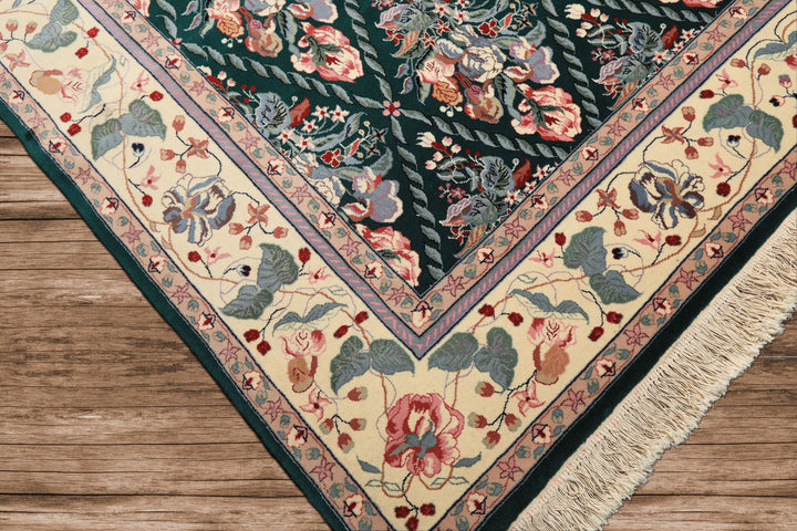 7x8 Emerald, Ivory, Pink Color Hand Knotted Pak Persian New Zealand Wool Traditional Oriental Rug