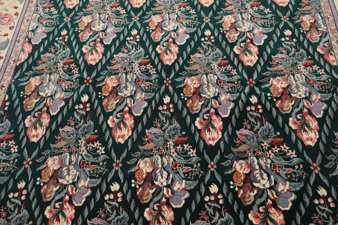 7x8 Emerald, Ivory, Pink Color Hand Knotted Pak Persian New Zealand Wool Traditional Oriental Rug
