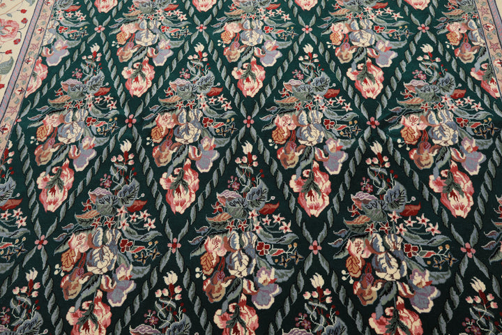 7x8 Emerald, Ivory, Pink Color Hand Knotted Pak Persian New Zealand Wool Traditional Oriental Rug
