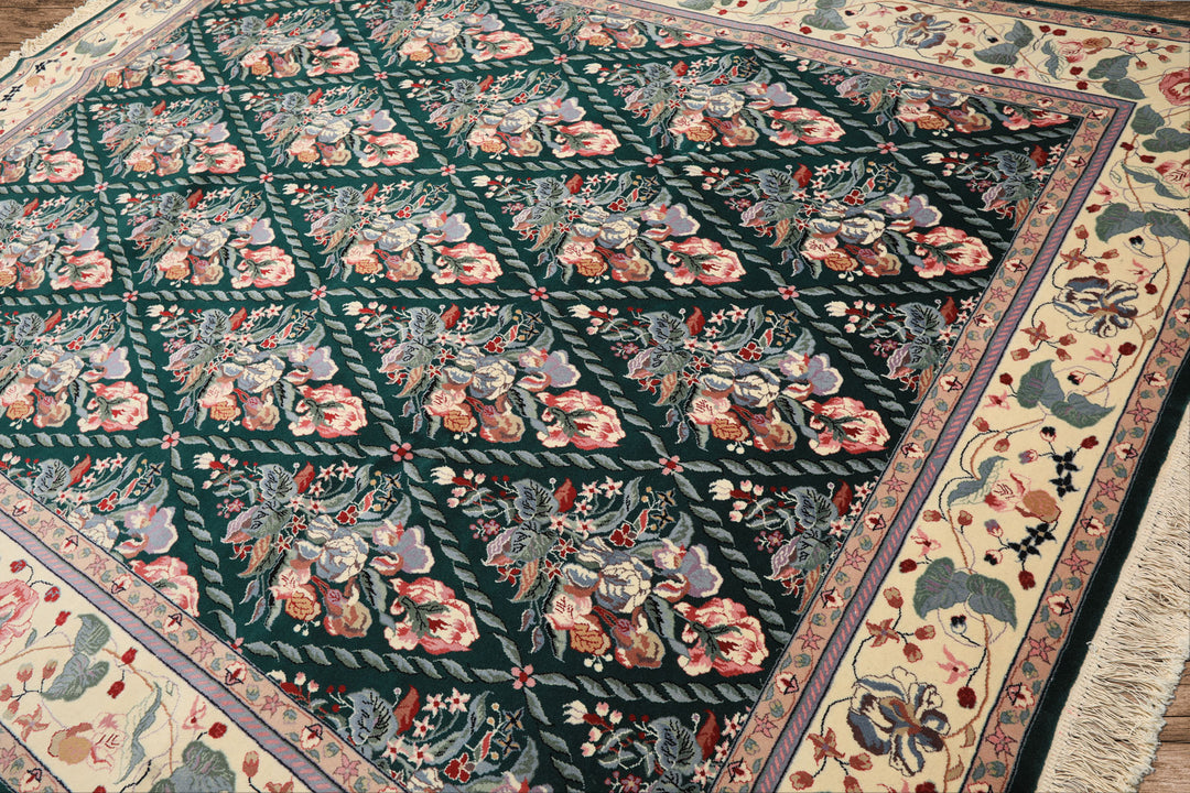 7x8 Emerald, Ivory, Pink Color Hand Knotted Pak Persian New Zealand Wool Traditional Oriental Rug