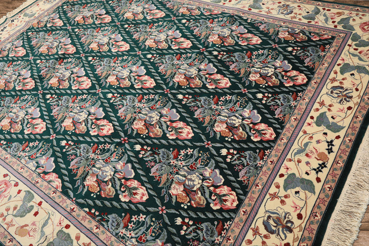 7x8 Emerald, Ivory, Pink Color Hand Knotted Pak Persian New Zealand Wool Traditional Oriental Rug