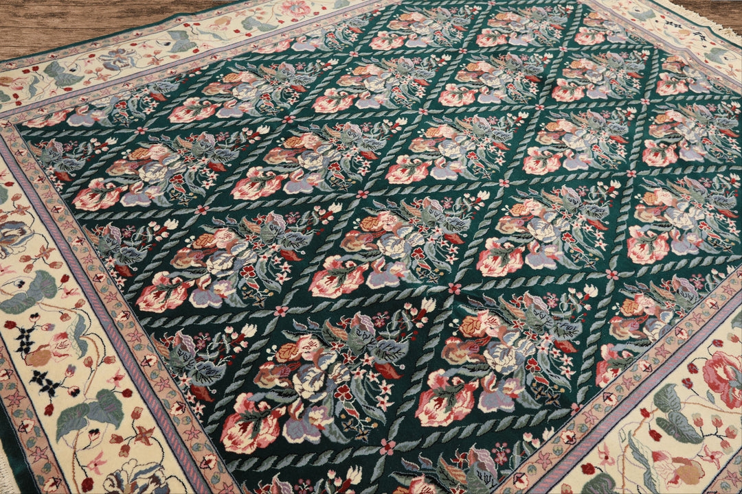 7x8 Emerald, Ivory, Pink Color Hand Knotted Pak Persian New Zealand Wool Traditional Oriental Rug