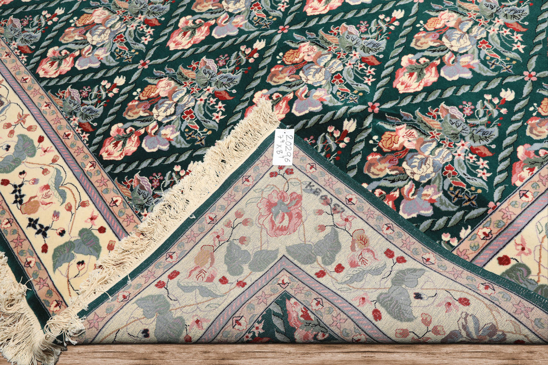 7x8 Emerald, Ivory, Pink Color Hand Knotted Pak Persian New Zealand Wool Traditional Oriental Rug