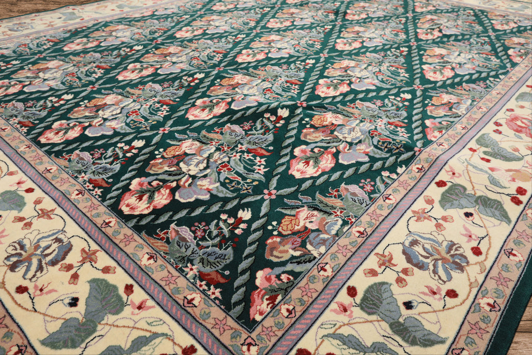 7x8 Emerald, Ivory, Pink Color Hand Knotted Pak Persian New Zealand Wool Traditional Oriental Rug