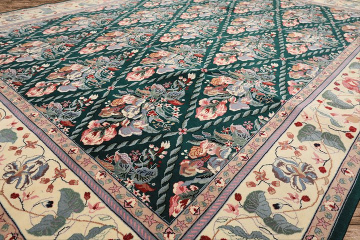 7x8 Emerald, Ivory, Pink Color Hand Knotted Pak Persian New Zealand Wool Traditional Oriental Rug