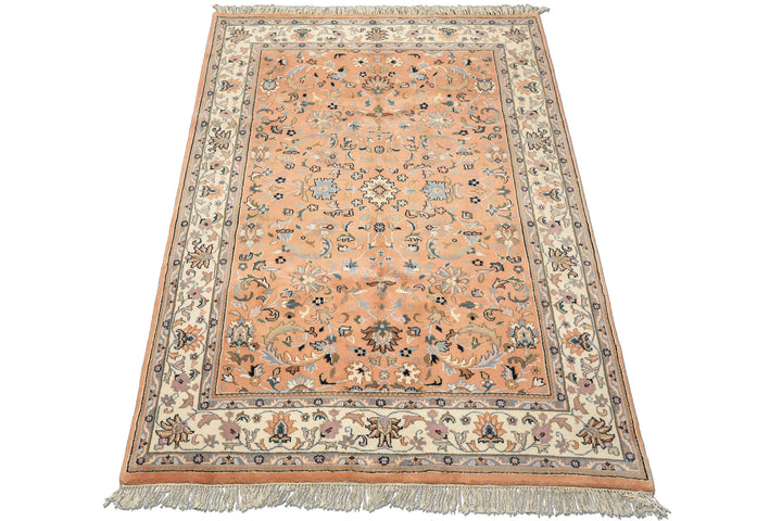 6x9 Peach, Ivory, Blue Color Hand Knotted Indo Kashan Wool Traditional Oriental Rug