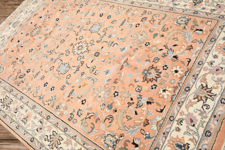 6x9 Peach, Ivory, Blue Color Hand Knotted Indo Kashan Wool Traditional Oriental Rug