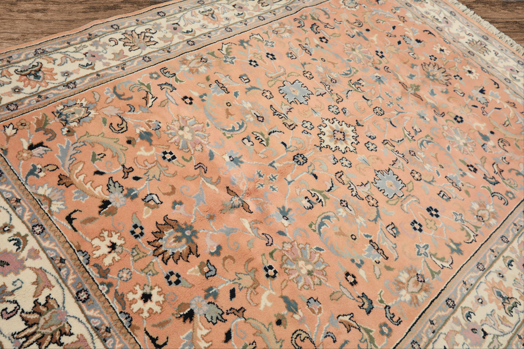 6x9 Peach, Ivory, Blue Color Hand Knotted Indo Kashan Wool Traditional Oriental Rug
