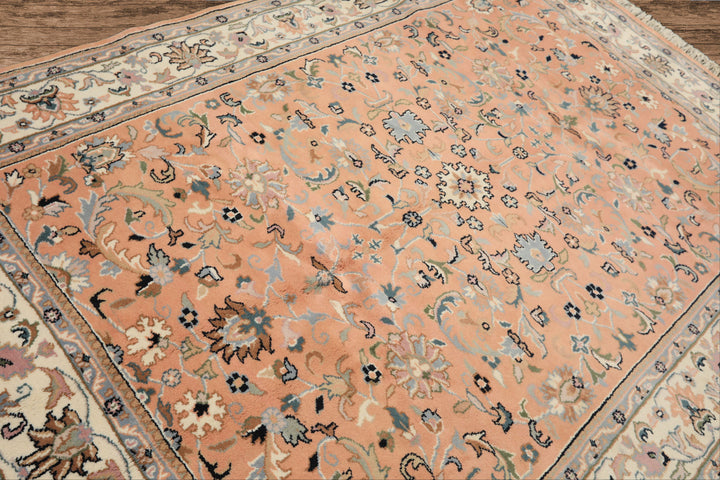 6x9 Peach, Ivory, Blue Color Hand Knotted Indo Kashan Wool Traditional Oriental Rug