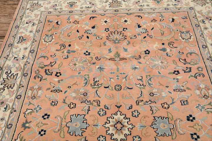 6x9 Peach, Ivory, Blue Color Hand Knotted Indo Kashan Wool Traditional Oriental Rug