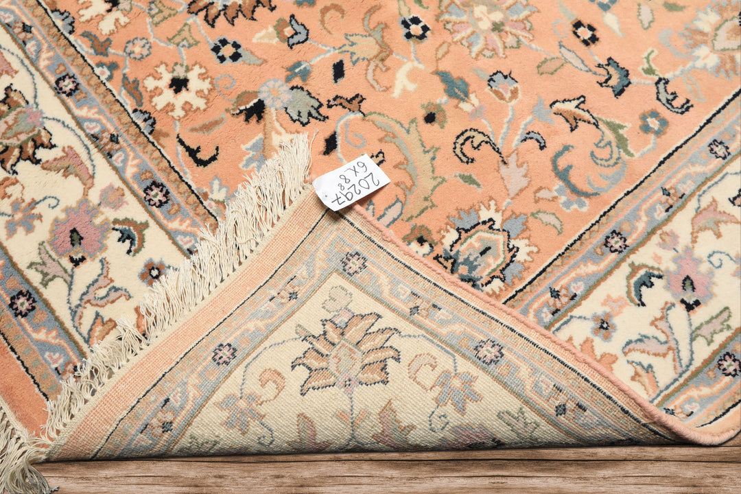 6x9 Peach, Ivory, Blue Color Hand Knotted Indo Kashan Wool Traditional Oriental Rug