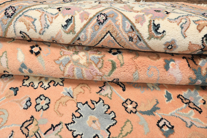 6x9 Peach, Ivory, Blue Color Hand Knotted Indo Kashan Wool Traditional Oriental Rug