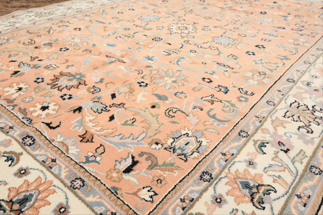 6x9 Peach, Ivory, Blue Color Hand Knotted Indo Kashan Wool Traditional Oriental Rug