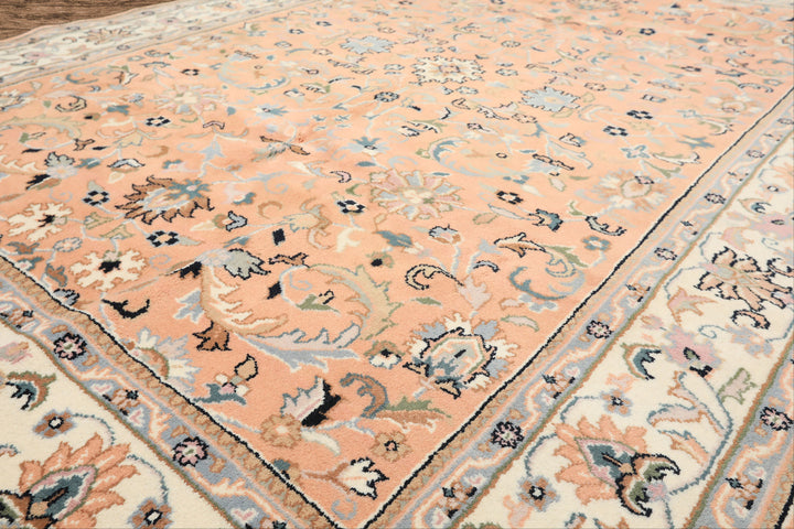 6x9 Peach, Ivory, Blue Color Hand Knotted Indo Kashan Wool Traditional Oriental Rug