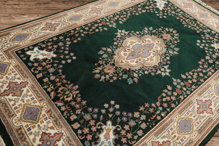 6x9 Green, Ivory, Rose Color Hand Knotted Indo Kerman Wool Traditional Oriental Rug