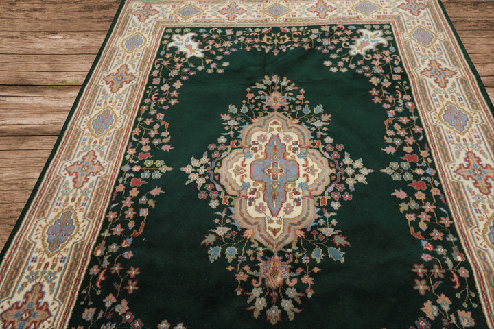6x9 Green, Ivory, Rose Color Hand Knotted Indo Kerman Wool Traditional Oriental Rug