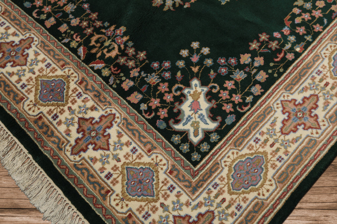 6x9 Green, Ivory, Rose Color Hand Knotted Indo Kerman Wool Traditional Oriental Rug