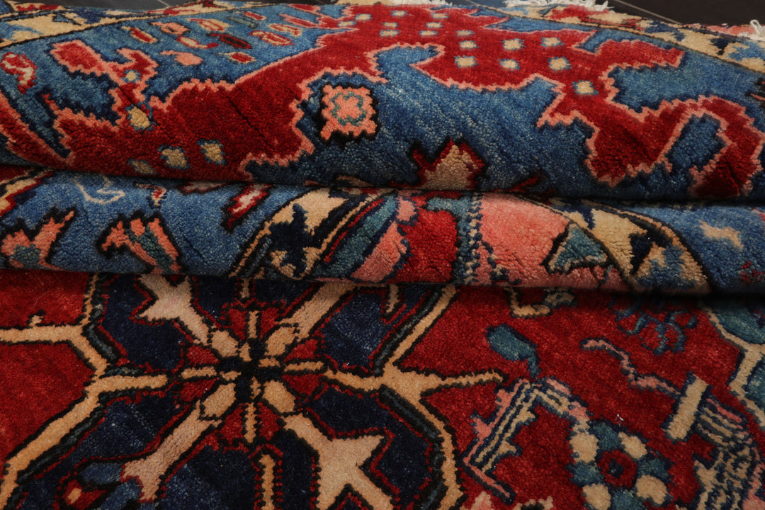 7x9 Red, Blue, Pink Color Hand Knotted Kazak Wool Arts & Crafts Oriental Rug