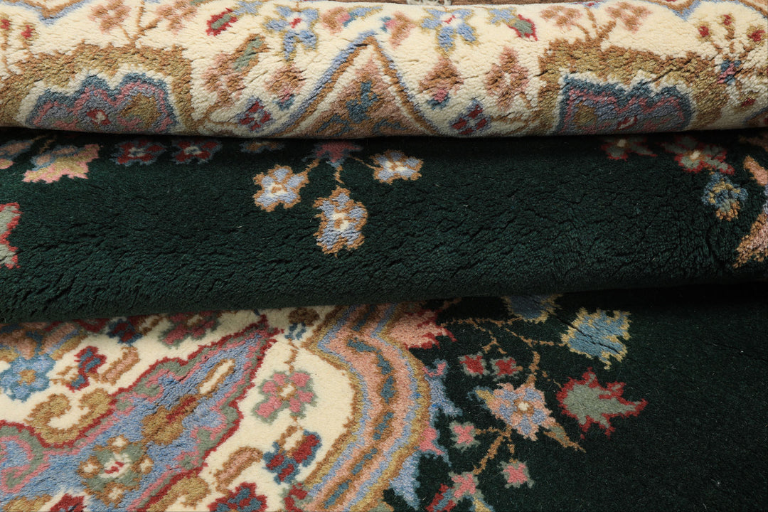 6x9 Green, Ivory, Rose Color Hand Knotted Indo Kerman Wool Traditional Oriental Rug