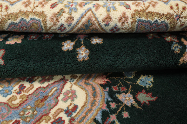 6x9 Green, Ivory, Rose Color Hand Knotted Indo Kerman Wool Traditional Oriental Rug