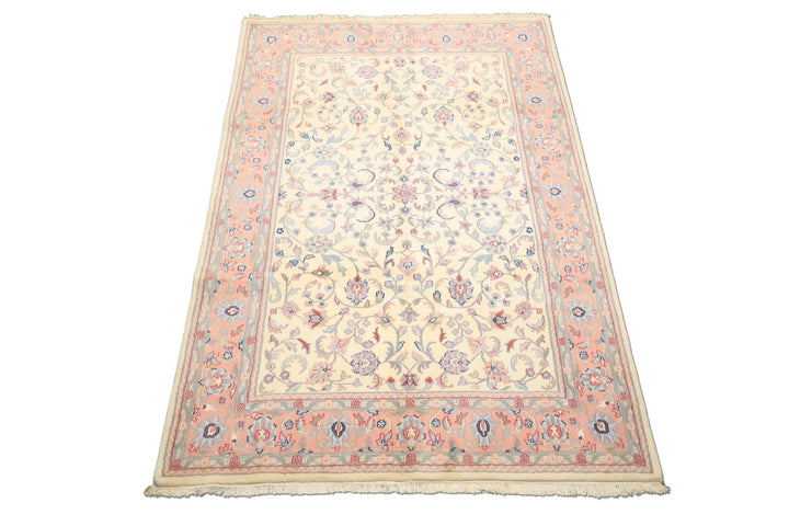 6x9 Ivory, Blush, Aqua Color Hand Knotted Indo Kashan Wool Traditional Oriental Rug