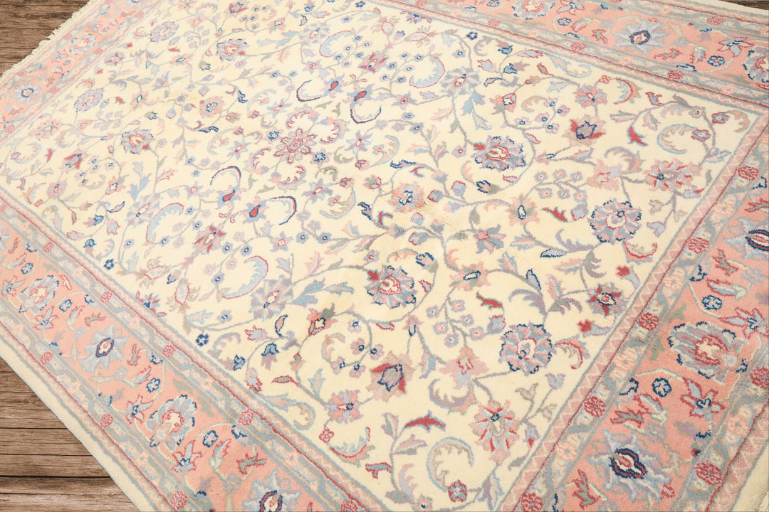 6x9 Ivory, Blush, Aqua Color Hand Knotted Indo Kashan Wool Traditional Oriental Rug