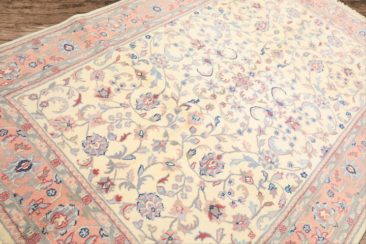 6x9 Ivory, Blush, Aqua Color Hand Knotted Indo Kashan Wool Traditional Oriental Rug