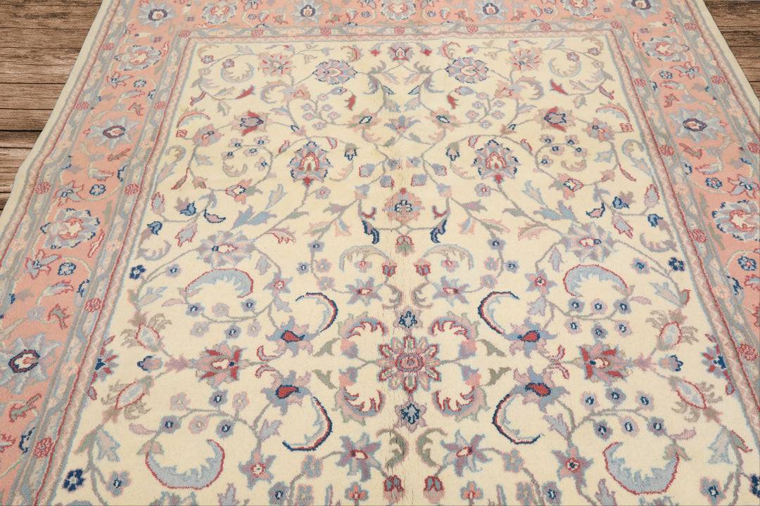 6x9 Ivory, Blush, Aqua Color Hand Knotted Indo Kashan Wool Traditional Oriental Rug