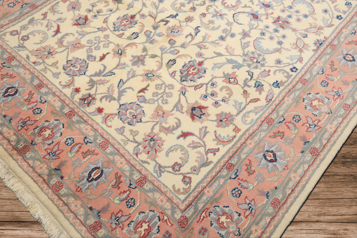 6x9 Ivory, Blush, Aqua Color Hand Knotted Indo Kashan Wool Traditional Oriental Rug