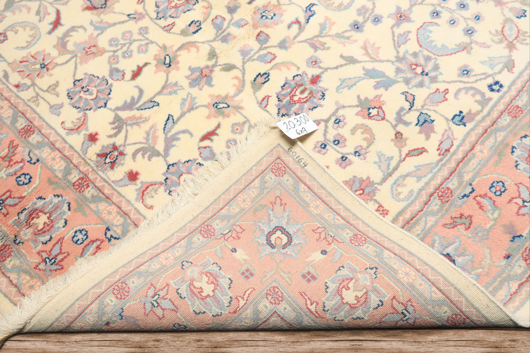 6x9 Ivory, Blush, Aqua Color Hand Knotted Indo Kashan Wool Traditional Oriental Rug