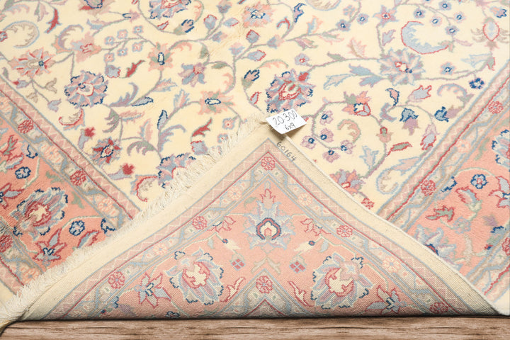 6x9 Ivory, Blush, Aqua Color Hand Knotted Indo Kashan Wool Traditional Oriental Rug