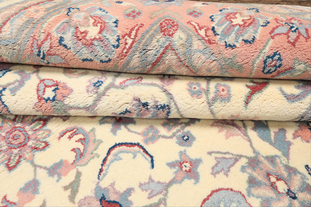 6x9 Ivory, Blush, Aqua Color Hand Knotted Indo Kashan Wool Traditional Oriental Rug