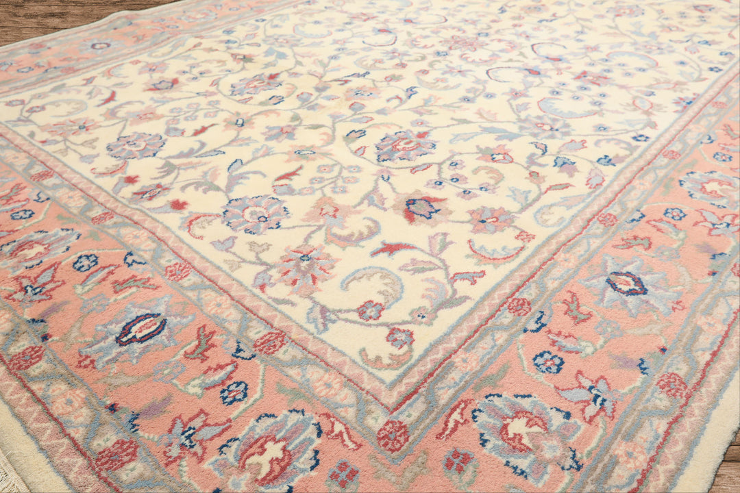 6x9 Ivory, Blush, Aqua Color Hand Knotted Indo Kashan Wool Traditional Oriental Rug