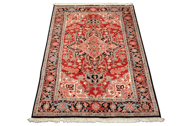 6x9 Red, Aqua, Blush Color Hand Knotted Indo Heriz Wool Traditional Oriental Rug