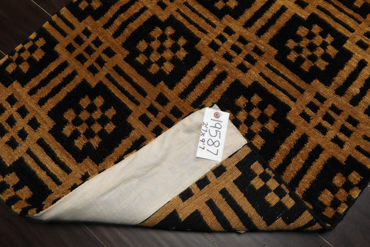3x5 Black, Gold, Color Hand Knotted Tibetan Wool Art Deco Oriental Rug